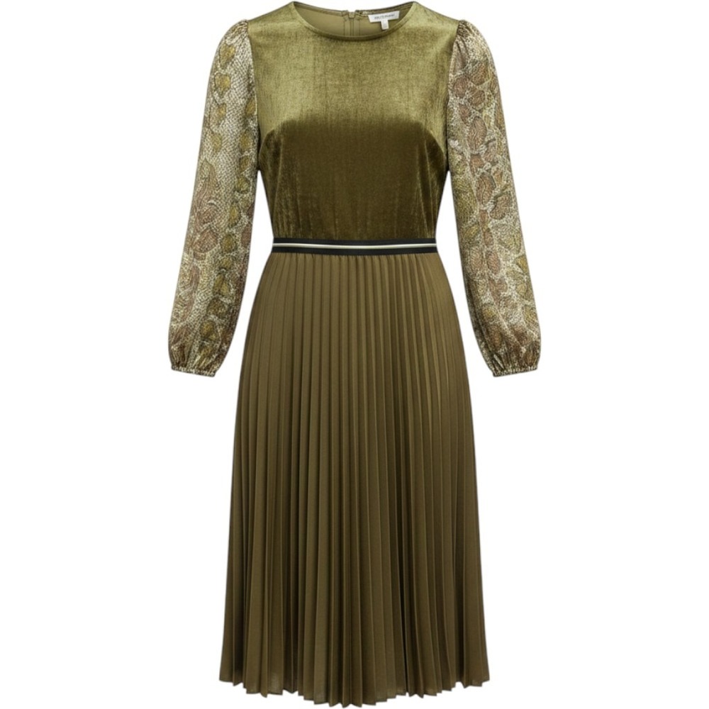 NEW Mystree Midi Dress Sz S Mixed Media Olive Green Velvet Animal Print Pleated